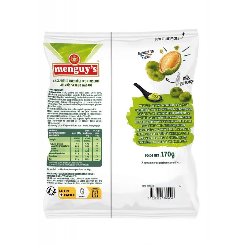 Éclatantes Cacahuètes Enrobées Wasabi 170g de Qualité Supérieure pour Régal Apéritif de la Marque MENGUY'S - Le Lot De 4