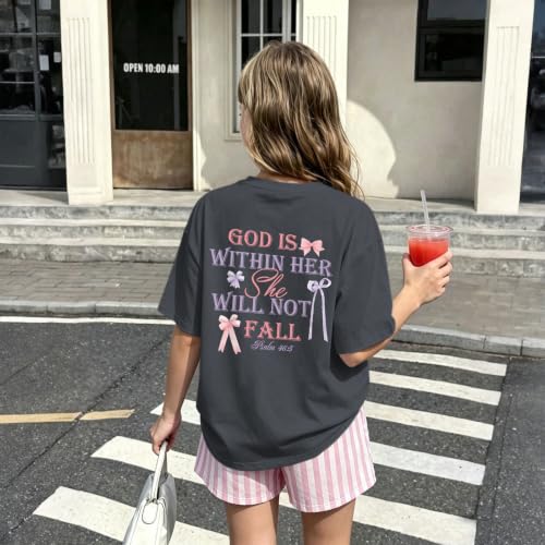 Image of Girls Christian Tees God is Within Her Jesus Shirt for Kids Faith Cute Graphic Bow Tshirt Inspirational Religious Top