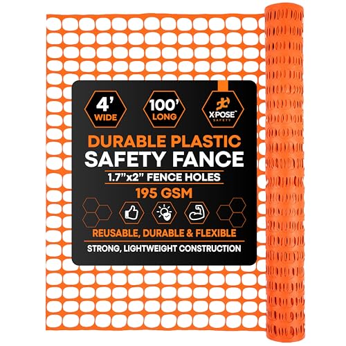 Xpose Safety Plastic Mesh Safety Fence – Heavy Duty 195 GSM Orange Temporary Barrier Netting, 4' x 100' Roll, Reusable Fence for Garden, Snow, Construction, Animal Control, Deer, Dogs