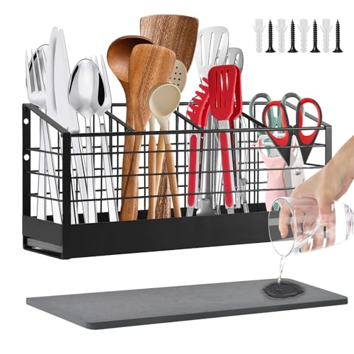 Yiomxhi Porte-ustensiles de Cuisine, 4 Compartiments Porte-Couverts avec Base en Diatomite, Organiseur d’ustensiles pour Comptoir ou Mural, Grand Rangement...