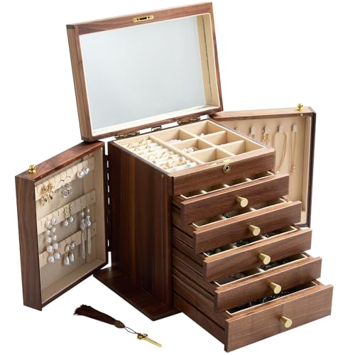 6-Layer-Black-Walnut-Wooden-Jewelry-Box-with-Lock-and-Key-Large-Luxury-Jewelry-Organizer-Box-for-Women-Ideal-Christmas-Gift-for-Wife-Mom-or-Her-Earring-Necklace-Storage-with-Ring-Trays 6-Layer Black Walnut Wooden Jewelry Box with Lock and Key, Large Luxury Jewelry Organizer Box for Women, Ideal Christmas Gift for Wife, Mom or Her, Earring & Necklace Storage with Ring Trays - Image 1