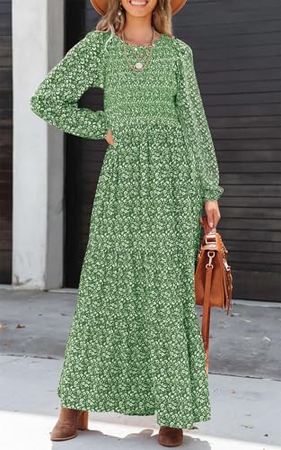 Image of PRETTYGARDEN Women's Fall Dresses 2026 Long Sleeve Flowy Casual Floral Maxi Dress Crew Neck Smocked Tiered Long Dress