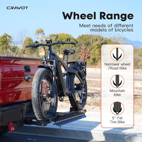Image of CRAVOT CyberRack E1 Electric Bike Rack, 100 lbs Capacity Foldable E Bike Racks for Tow Hitch Heavy Electric Bike Carrier for 1 E-Bike, Up to 5-inch Fat Tire 2'' Receiver w /Lock
