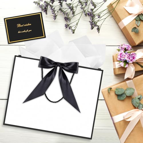 Image of JMANNI Gift Bags with Handles, 13 inch Medium Gift Bag for Presents, 1 Pcs Bags with 2 Tissue Paper and 1 Cards for Graduation Baby Shower Wedding Fathers Day Mother's Day Birthday Party（white-black）