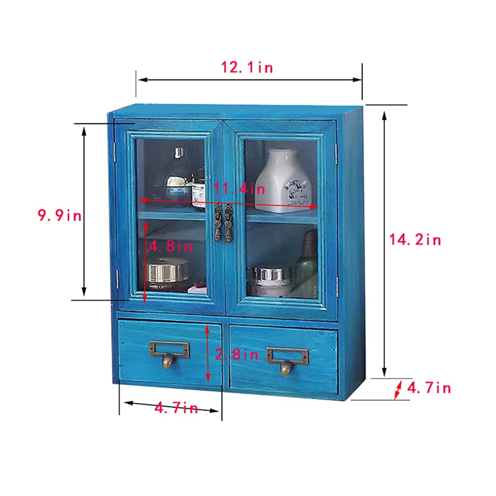 Decorative Key Storage Cabinet With Glass Whiteboard - Blue Wood Design 11.8x11.8 Inch Wall Organizer