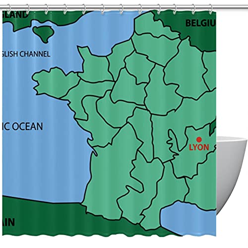 Rideau de douche carte de Lyon vert aquarelle, textile premium 183x183
