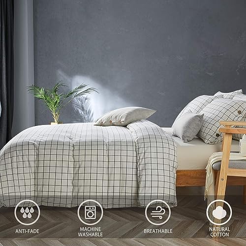 Image of JELLYMONI Cotton Duvet Cover King Size - White Grid Plaid Comforter Cover with Button 100% Washed Cotton 3PCS Breathable Soft Bedding Set Duvet Cover 104x90in & 2 Pillowcases (NO Comforter)