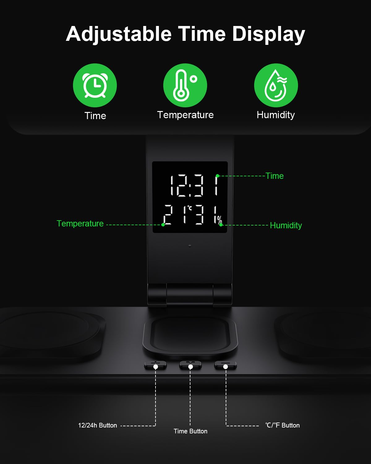 Stazione di Ricarica Wireless 5 in 1 con Orologio e Luce Notturna, Caricatore Doppio per 2 Telefoni e 2 Orologi, Compatibile con iPhone 17 16 15 14 Pro Max, Samsung, Apple Watch, Galaxy Watch, AirPods