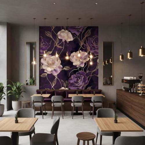 Image of VKR Premium Luxury Floral Self Adhesive Wallpaper Roll for Bedroom Living Room Furniture & Cabinets, Peel & Stick Decorative Wall Covering for Home Decor (45 x 300 cm, Purple Gold Rose Design)