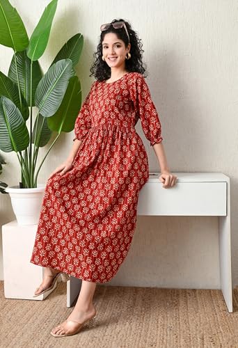 Image of Ichaa Women's Blue Cotton Printed Maternity Dress with Feeding Zips and Pocket| in Plus Sizes