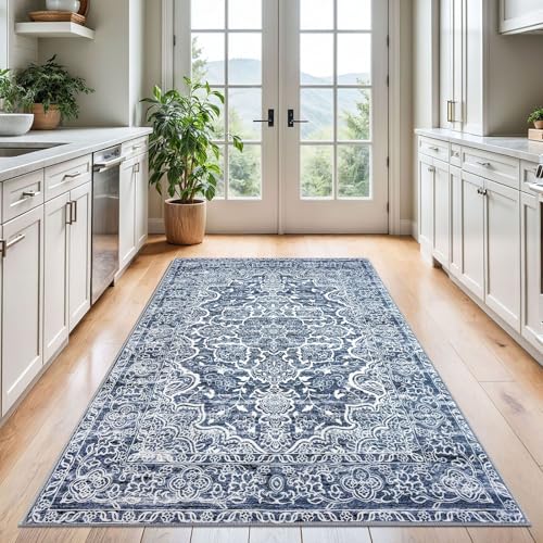 KUTA Modern Floral Area Rug 4x6 Living Room, Washable Printed Vintage Distressed Tribal Blue White Rugs, Non-Slip Dining Room Carpet, Soft Low Pile Cozy Boho Farmhouse Throw for Bedroom