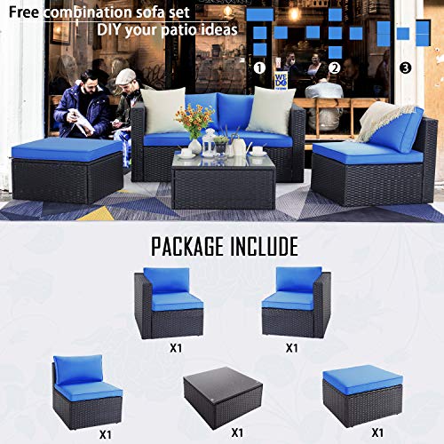 Vitesse 5 Pieces Patio Furniture Sectional Sets,Outdoor All-Weather Pe Rattan Wicker Lawn Conversation Sets，Garden Sofa Set With Coffee Table And Washable Couch Cushions (Royal Blue) #TOP4