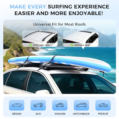 Image of Truckiipa Universal Soft Roof Rack Pads，2 Pcs Inflatable Roof Rack for Kayak Surfboard SUP Canoe, Reusable Heavy Duty Car Roof Racks System with Straps, Air Pump, Hood Loops and Storage Bag, 44inch
