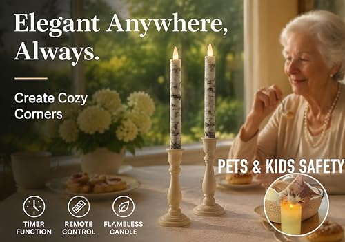 Image of Flameless Taper Candles Flickering with Remote and Timer, 3D Moving Flame Taper Candle Battery Operated to 400 Hours, 9 Inch Window Candles, (Birch Bark)
