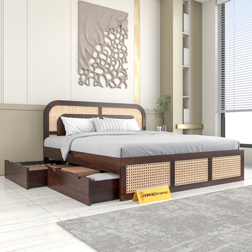 Image of Sheesham Wood Cane Bed with Drawer Storage for Bedroom | Queen Size Wooden Double Bed Palang with Curved Rattan Headboard & Footboard (Walnut Finish)