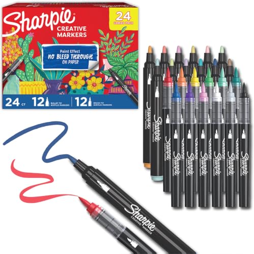 Image of Sharpie Creative Markers, Combo Pack, Water-Based Acrylic, Bullet & Brush Tips, Assorted Colors Including Earth Tones, 24 Count - Works on Paper, Metal, Wood, Ceramic, Glass, Rock, Canvas (Pack of 6)
