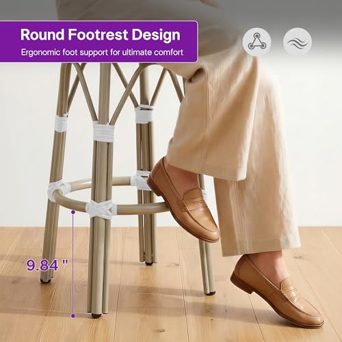Image of PURPLE LEAF Patio Round Counter Height Stool Set of 2 Outdoor Backless Barstools Aluminum Frame in Champagne Finish with White & Gray Woven Rattan for Indoor Kitchen Dining Bistros Cafe Restaurant