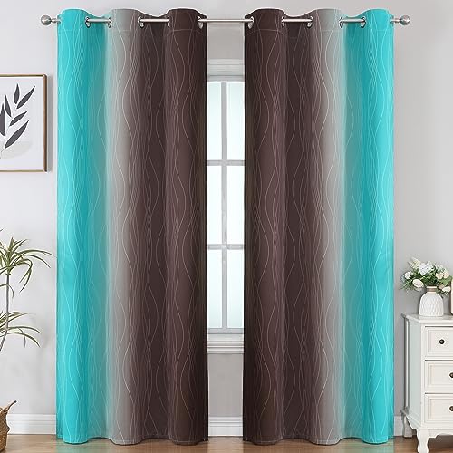 Estelar Textiler Brown and Teal Room Darkening Blackout Curtains 84 Inch Length 2 Panels Set for Living Room, Thermal Insulated Ombre Light Blocking Grommet Blackout Drapes for Bedroom, 42Wx84L