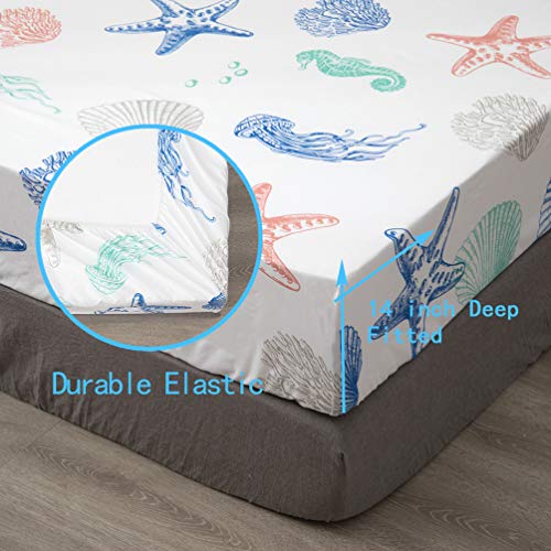 Jsd Beach Theme Kids Printed Sheet Set Twin Deep Pocket, 3 Piece Soft Starfish Jellyfish Warm Microfiber Bed Sheets #TOP5