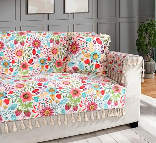 Image of ishro home Premium Sofa Cover 1 Seater Protecter with 2 Handle Covers - Soft European Standard Fabric, Frill Design, Machine Washable | (Sun Garden, 1 Seater)
