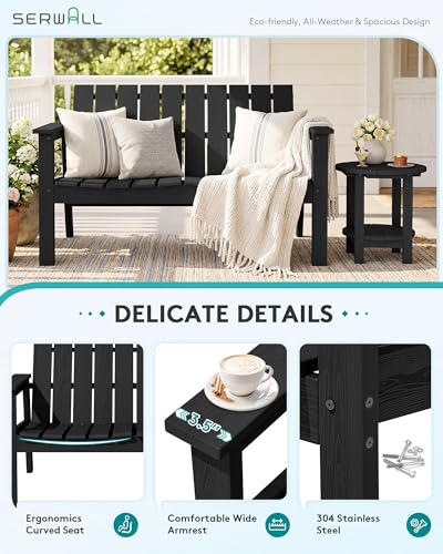Image of SERWALL 2-Person HDPE All-Weather Outdoor Bench Set of 2, Black