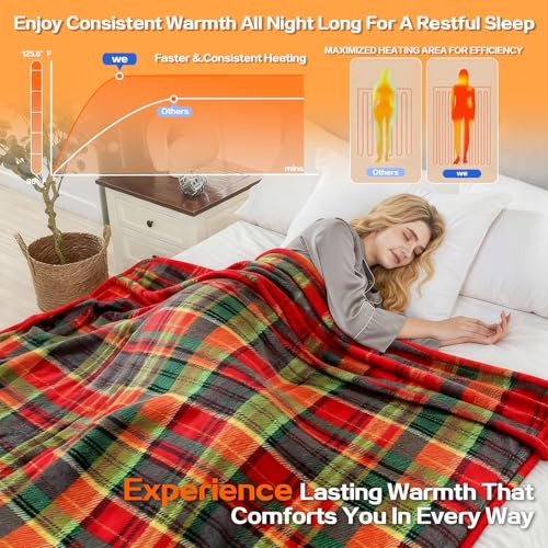 Image of Electric Blanket Heated Twin, Soft Flannel 62 inchx84 inch Plaid Heating Blanket with 8 Hours Auto Off 10 Fast Heating Levels Machine Washable Sherpa Heated Blanket with Overheating Protection