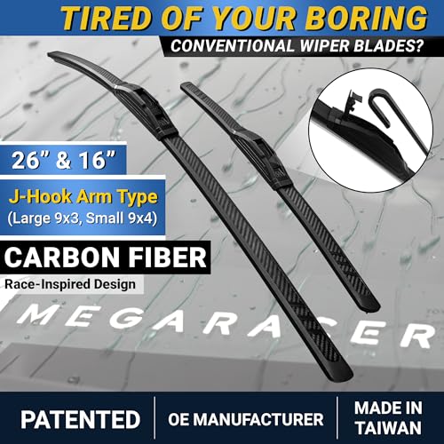 Image of Premium Silicone Windshield Wiper Blades 26 inch & 16 inch (2 Pack) for Car & Truck | Carbon Fiber Design, Quiet & Smooth Streak-Free Clean Wipe, All-Season, OEM Quality, Front Automotive Replacement Wipers