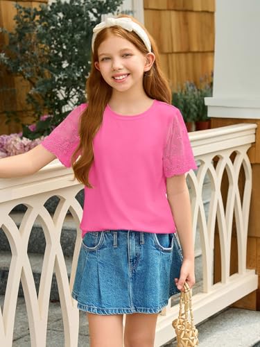 Image of Haloumoning Girls Lace Short Sleeve T Shirts Kids Summer Crewneck Tunic Tops Curved Hem 5-14 Years