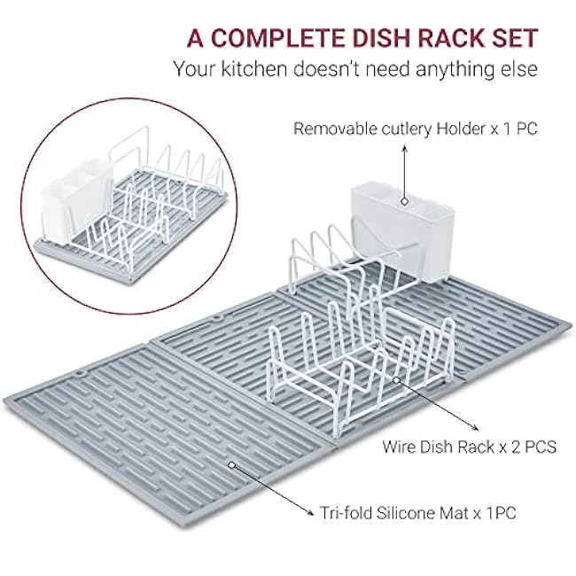 BTH Trifold Silicone Mat Dish Rack Set for Kitchen ¨C 24 Extra Large Multifunctional Mat Dish Drying Rack Set of 4 with 1 Foldable Silicone Dish Mat, 2 Metal Dish Racks & 1 Removable Cutlery Holder