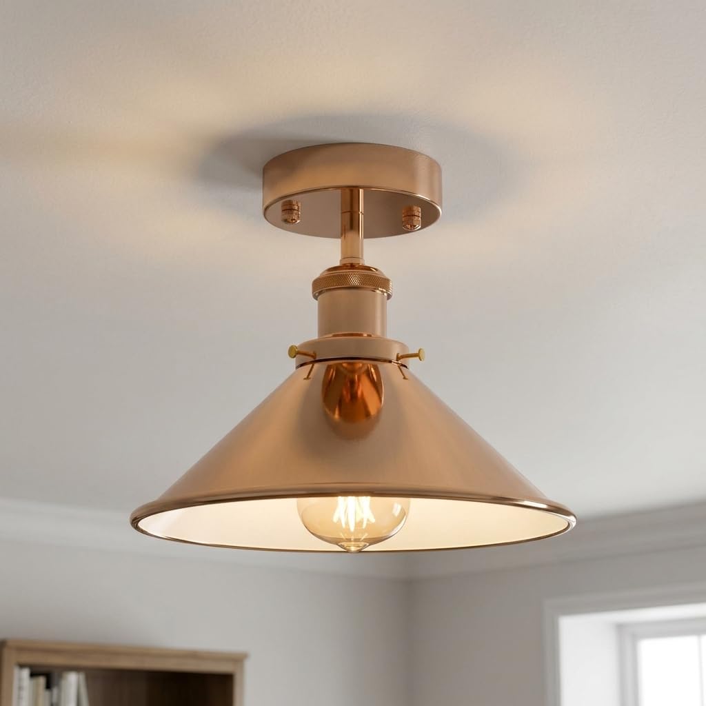 Dc Voltage French Gold Semi Flush Mount Ceiling Light 22Cm Metal Cone Shade Hardwired
