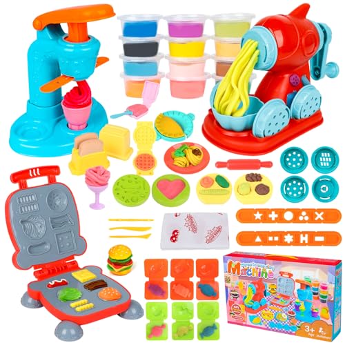 Jovicos Knetwerkzeug Knete Zubehör Kitchen Creations Spielset mit 12 Dosen Eismaschine Nudelmaschine Burger Party Kinder Plastilin Werkzeuge Knete Ausstechformen Geschenk für Kinder ab 3