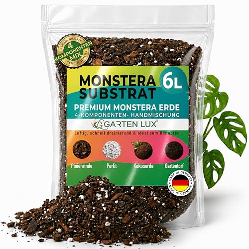 Garten Lux Premium Monstera Erde 6L- 4-Komponenten Erde für Monstera Luftdurchlässige Blumenerde für Monstera Philodendron Alocasia & Zimmerpflanzen