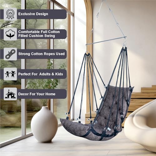 Image of JULJULIA Swing for Balcony Comfortable Cotton Swing Relaxing Jhula for Adults for Home Indoor Outdoor Hanging Seat for Apartment Patio Terrace Garden- 200 kg Weight Capacity - HVY Design Light Coffee