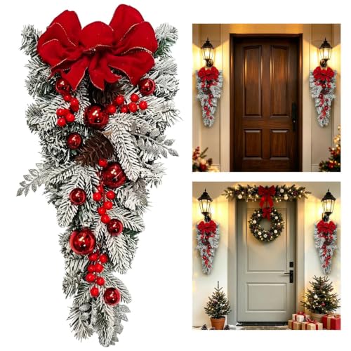 23.6'' Red Bow & Artificial Plants Christmas Wreaths for Front Door Decor - image 8