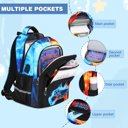 Bevalsa Kids Backpack for Boys with 14oz Insulated Bottle, School Bags for Kids & BPA-FREE Stainless Steel Metal Bottle with Straw Lid for Elementary Middle School Student (Flame)3