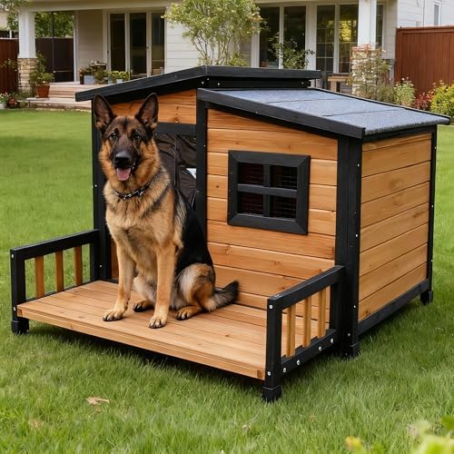 RUNSHED Large Indoor Outdoor Dog House,Wood Insulated Dog House,Weatherproof Outside Shelter with Elevated Floor,Easy to Assemble(39.3" L x 37.5" W x 30" H)