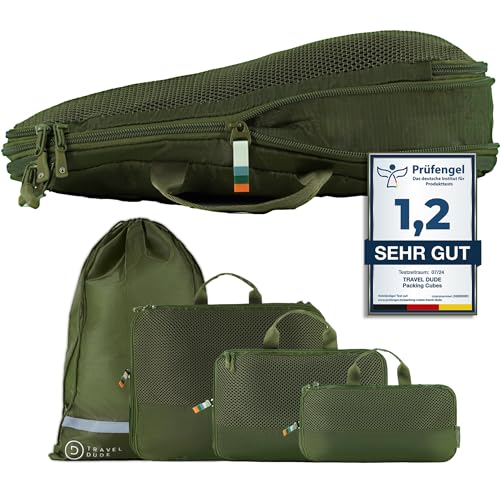TRAVEL DUDE Packwürfel Set mit Kompression aus recycelten Plastikflaschen, Leichte Packing Cubes, Packtaschen Set für Rucksack und als Koffer Organizer, Zubehör (Wald Grün, 4-teiliges Set)
