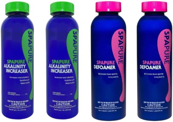 SpaPure Defoamer(1 pt) 2 Pack and SpaPure Alkalinity Increaser (1lb) 2 Pack Value Bundle for Pool and Hot Tub Balancing