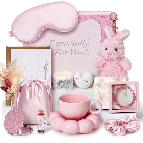 Rosa Geschenke für Frauen mit Becher Badekugel Aromatherapie Kaninchen Plüschtier, Entspannung Geschenk Wellness Badeset Geschenk Geburtstagsgeschenk für Frauen,Mama,Schwester