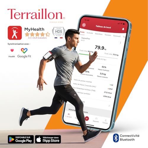 TERRAILLON - COLOR CONNECT - Balance connectée Bluetooth, Fréquence cardiaque, Masses:graisseuse-musculaire-hydrique-osseuse, IMC, Capacité 180 kg, Graduation 50g, Ecran Multi affichage Couleur, Bleu – Image 3