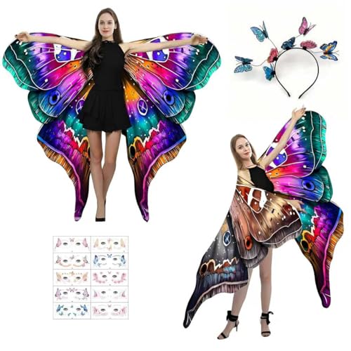 ITJMRJP Costume Farfalla Donna Ali Farfalla Costume Bifacciali Vestito Farfalla Donna Mantello di Ali Farfalla Adulti Costume Farfalla Scialle Adulti per Feste Cosplay Halloween Carnevale