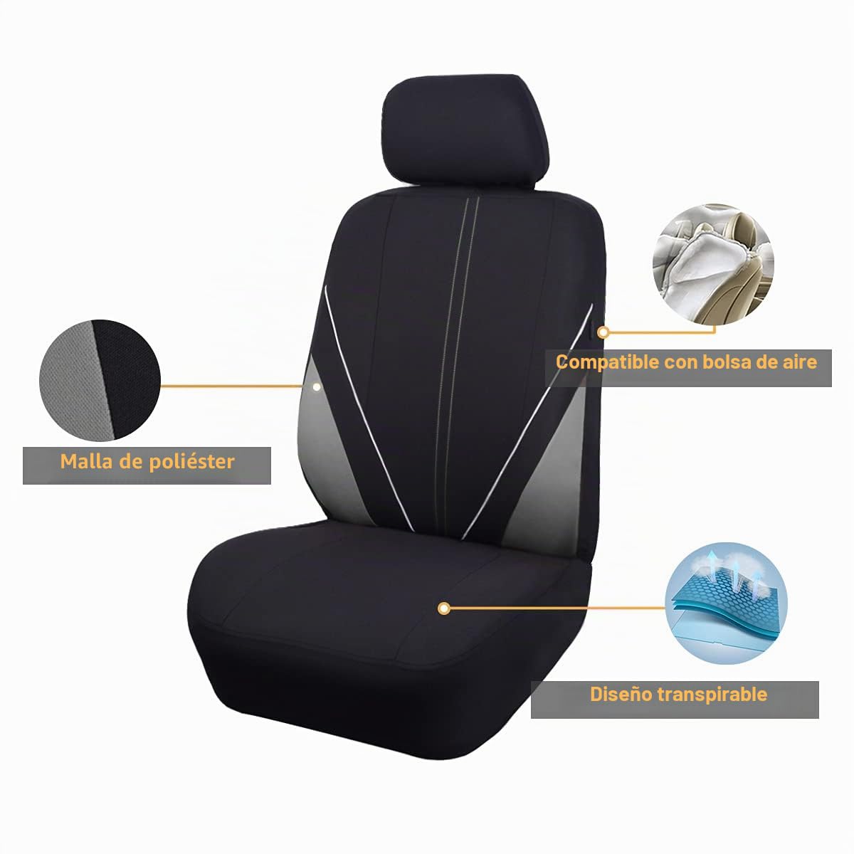 Flying Banner Juego Completo de Fundas universales de Malla Transpirable para Asiento de Coche, Protector Compatible con airbag (Negro y Gris)