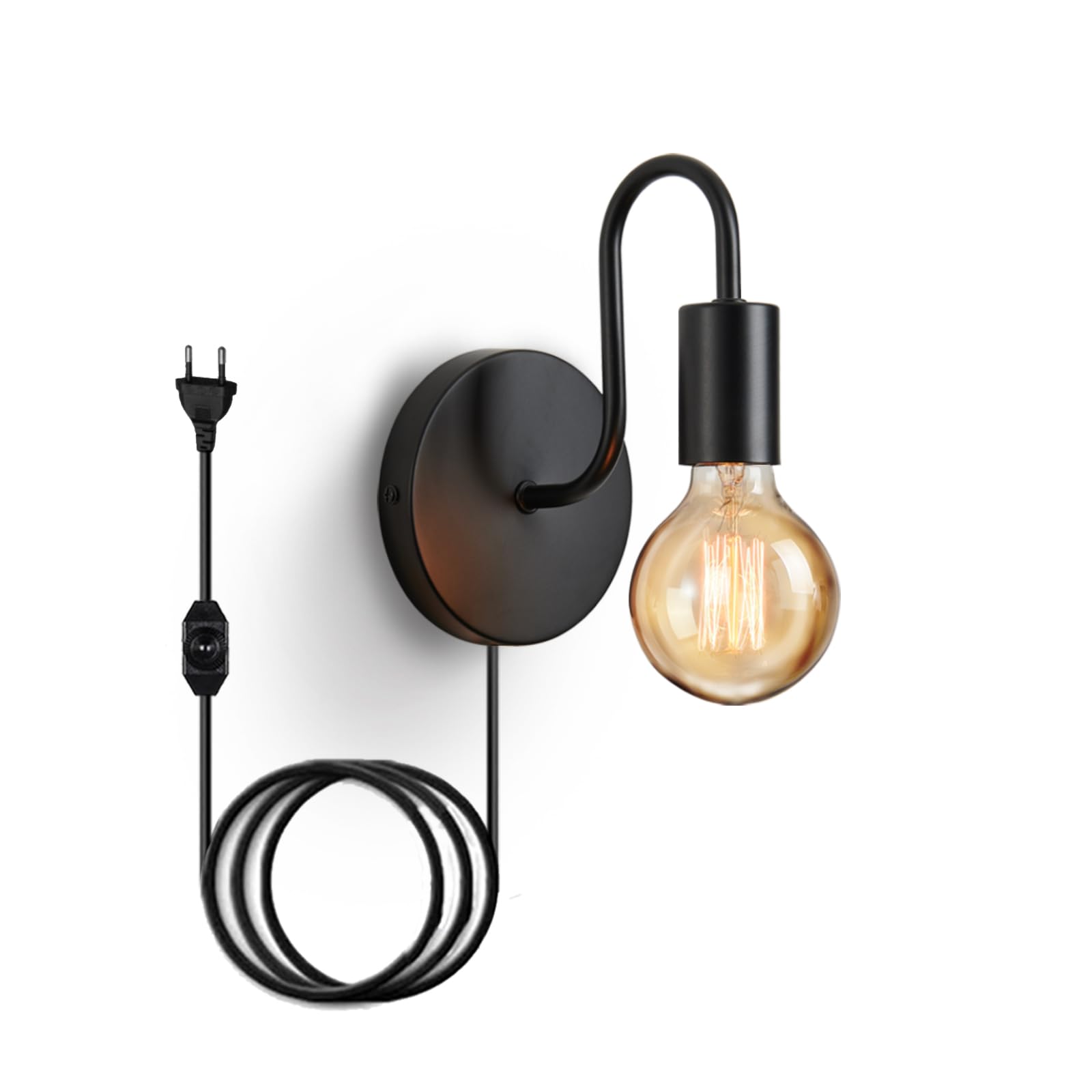 Lightess Lámpara de Pared Interior con Regulable Interruptor y Enchufe, Aplique de Pared Vintage Industrial Negro E27 para Dormitorio Escalera Salón