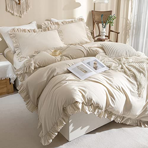 Image of QSH Washed Cotton Queen Duvet Cover Set Ruffle Duvet Cover Linen Textured Farmhouse Shabby Vintage Chic Bedding Comforter Cover 3 Pieces Aesthetic French Country Queen Bed Set