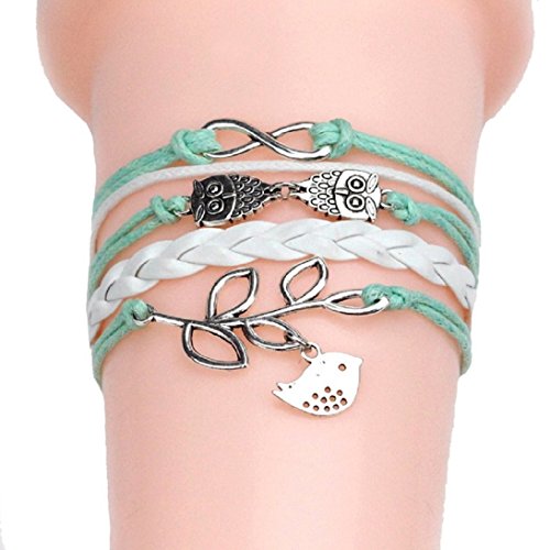 Vintage Handmade Infinity Silver 8 Owl Leaf Bird Leather Bracelet Wristband - Image 3