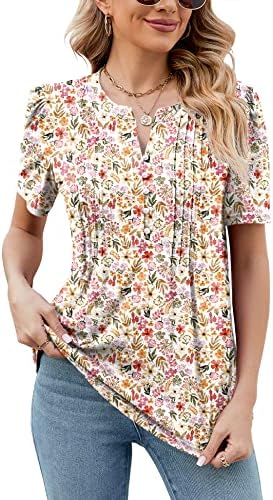 LUYAA Women's Floral Print Puff Sleeve Loose Fit Casual Blouse Tops Puff Sleeve Work Shirt Tunic Top Office Wear