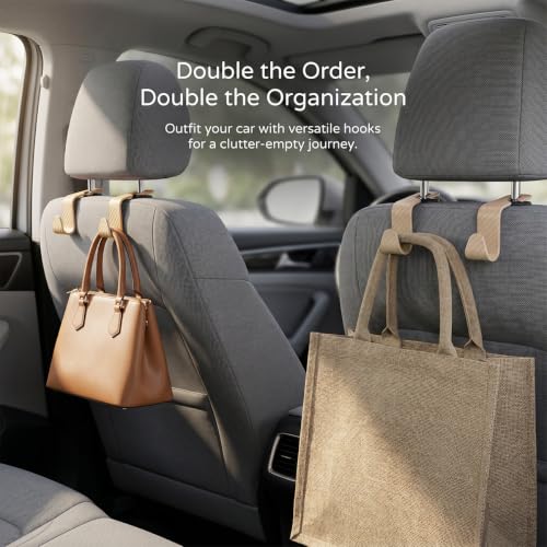 Image of 4PCS Car Seat Headrest Hooks, Auto Back Seat Hanger Holder, Durable Stylish Vehicle Organizer Universal Car Interior Accessories, Storage Hooks for Purses, Bags, Clothes (Carbon Fiber /Beige)
