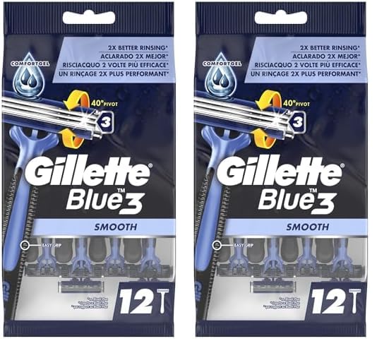 Gillette Blue 3 Smooth Rasoirs Jetables Homme, Pack de 12 Rasoirs [OFFICIEL] (Lot de 2)