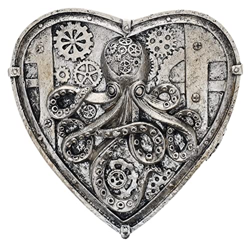 Top Brass Steampunk Octopus Heart Shaped Small Trinket Stash Jewelry Box Figurine - Unusual Eclectic Gothic Decor (Antique Silver)