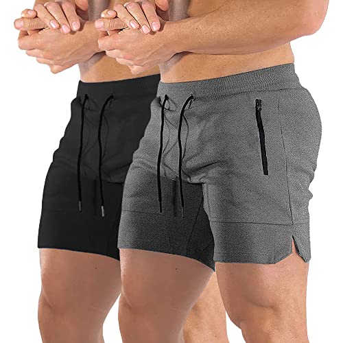 EVERWORTH Men's Solid Gym Workout Shorts Bodybuilding Running Fitted Training Jogging Short Pants with Zipper Pocket 3 Colors